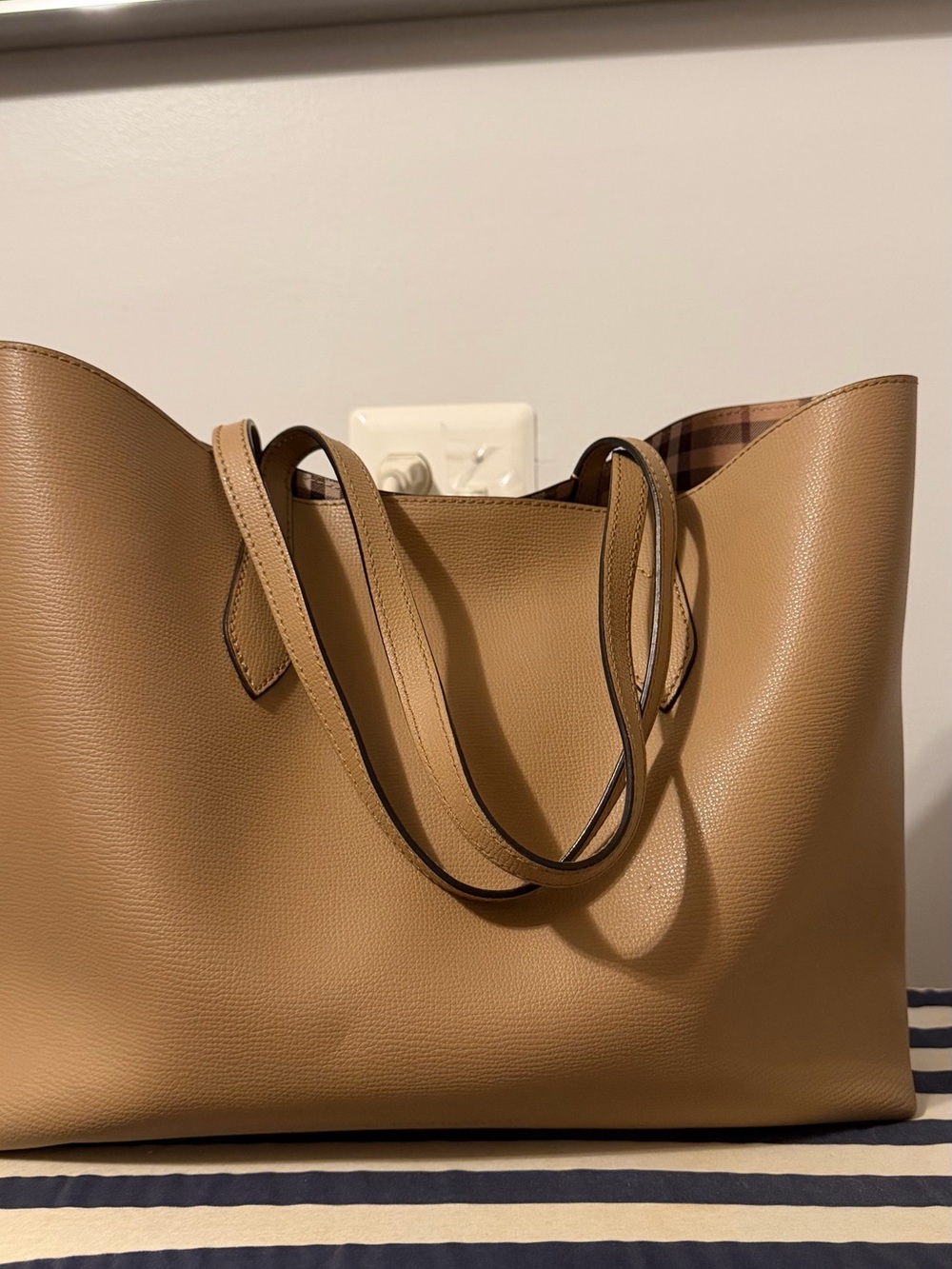 Burberry Tan Leather Tote with Plaid Interior